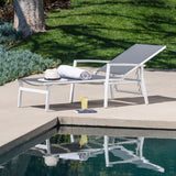Hanover Fire Pit Chat Set Hanover- Naples 3-Piece Chaise Lounge Set featuring a 40,000 BTU Tile-Top Fire Pit Table with Burner Cover, White Frame / Gray Sling | 30x30 | NAPCHS3PCFP-WG