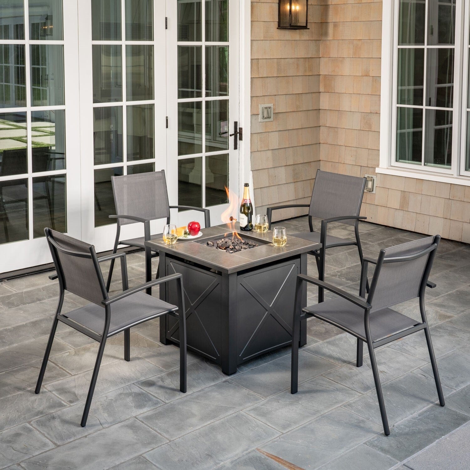 Hanover Fire Pit Chat Set Hanover- Naples 5-Piece Fire Pit Chat Set: 4 Sling Chairs and 40,000 BTU Tile-Top Fire Pit Table w/ Burner Cover, Black/Gray | 23x22 | NAPLES5PCSLFP-GRY