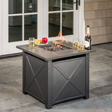 Hanover Fire Pit Chat Set Hanover- Naples 5-Piece Fire Pit Chat Set: 4 Sling Chairs and 40,000 BTU Tile-Top Fire Pit Table w/ Burner Cover, Black/Gray | 23x22 | NAPLES5PCSLFP-GRY