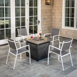 Hanover Fire Pit Chat Set Hanover- Naples 5-Piece Fire Pit Chat Set: 4 Sling Chairs and 40,000 BTU Tile-Top Fire Pit Table w/ Burner Cover, White/Gray | 23x22 | NAPLES5PCSLFP-WG