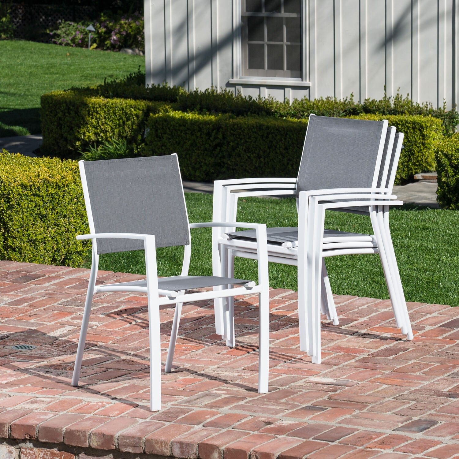 Hanover Fire Pit Chat Set Hanover- Naples 5-Piece Fire Pit Chat Set: 4 Sling Chairs and 40,000 BTU Tile-Top Fire Pit Table w/ Burner Cover, White/Gray | 23x22 | NAPLES5PCSLFP-WG