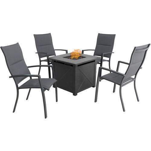 Hanover Fire Pit Chat Set Hanover - Naples 5pc Fire Pit: 4 High Back Padded Chairs and Tile Top Fire Pit