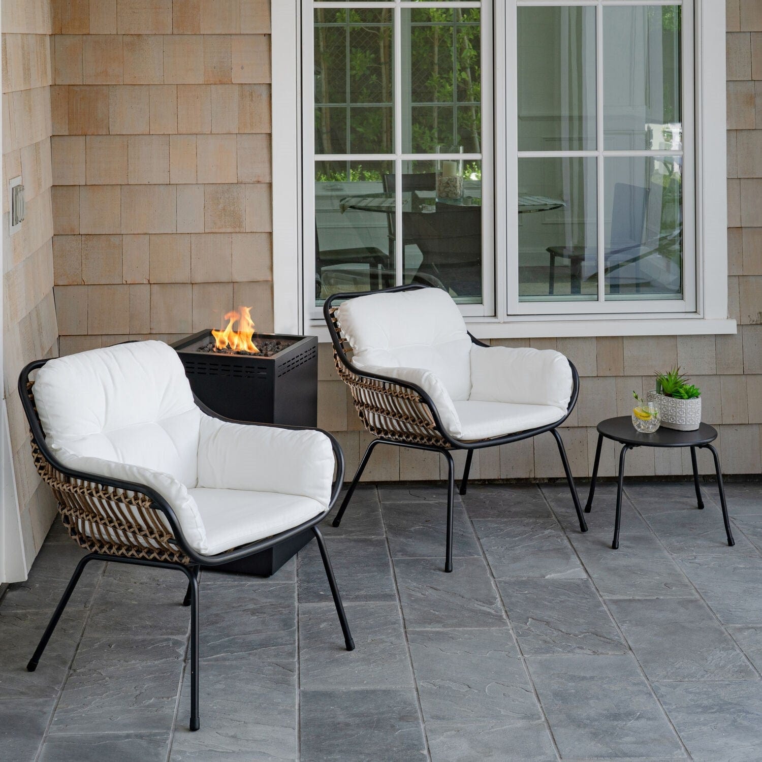 Hanover Fire Pit Chat Set Hanover - Naya 4 Piece Fire Pit: 2 Chairs w/Pillows, Side Tbl, Glass Top Fire Pit | 15.9x15.9 | NAYA4PCGFP-WHT