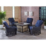 Hanover Fire Pit Chat Set Hanover Orleans 4-Piece Wicker Woven Lounge Set with a 40,000 BTU Fire Pit Table in Navy Blue | ORL4PCSQFP-NVY