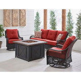Hanover Fire Pit Chat Set Hanover Orleans 4-Piece Woven Fire Pit Lounge Set in Autumn Berry with Sofa, 2 Swivel Gliders and Durastone Fire Pit