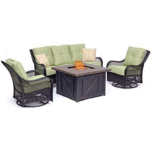 Hanover Fire Pit Chat Set Hanover Orleans 4-Piece Woven Fire Pit Lounge Set in Avocado Green with Sofa, 2 Swivel Gliders and Durastone Fire Pit