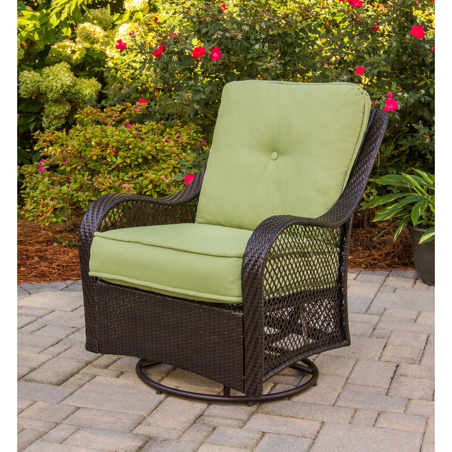 Hanover Fire Pit Chat Set Hanover Orleans 4-Piece Woven Fire Pit Lounge Set in Avocado Green with Sofa, 2 Swivel Gliders and Durastone Fire Pit | ORL4PCDFPSW2-GRN
