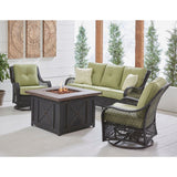 Hanover Fire Pit Chat Set Hanover Orleans 4-Piece Woven Fire Pit Lounge Set in Avocado Green with Sofa, 2 Swivel Gliders and Durastone Fire Pit | ORL4PCDFPSW2-GRN
