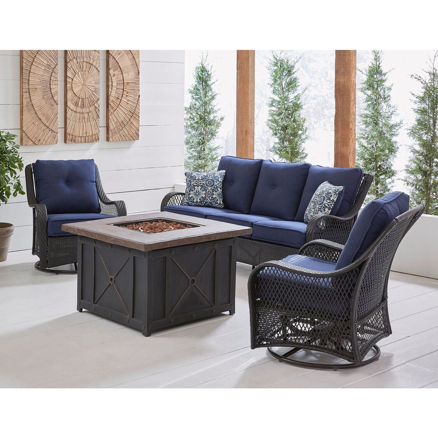 Hanover Fire Pit Chat Set Hanover Orleans 4-Piece Woven Fire Pit Lounge Set in Navy Blue with Sofa, 2 Swivel Gliders and Durastone Fire Pit | ORL4PCDFPSW2-NVY