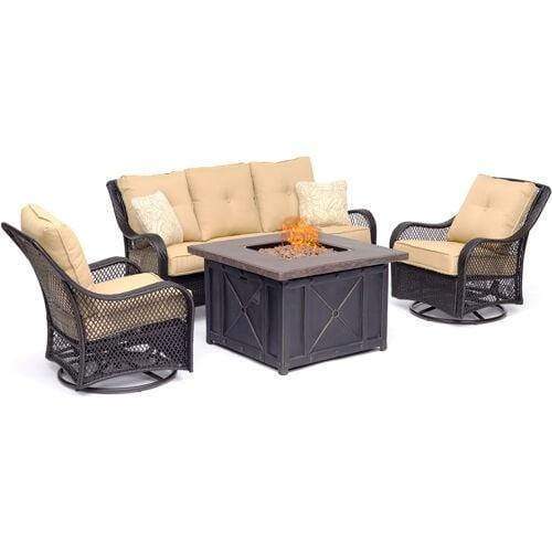 Hanover Fire Pit Chat Set Hanover Orleans 4-Piece Woven Fire Pit Lounge Set in Sahara Sand with Sofa, 2 Swivel Gliders and Durastone Fire Pit
