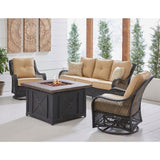 Hanover Fire Pit Chat Set Hanover Orleans 4-Piece Woven Fire Pit Lounge Set in Sahara Sand with Sofa, 2 Swivel Gliders and Durastone Fire Pit | 40x40 | ORL4PCDFPSW2-TAN