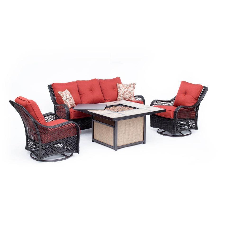 Hanover Fire Pit Chat Set Hanover Orleans 4-Piece Woven Lounge Set in Autumn Berry with 2 Woven Swivel Gliders, Sofa, and 40,000 BTU Tile-Top Fire Pit Table