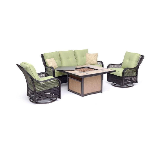 Hanover Fire Pit Chat Set Hanover Orleans 4-Piece Woven Lounge Set in Avocado Green with 2 Woven Swivel Gliders, Sofa, and 40,000 BTU Tile-Top Fire Pit Table