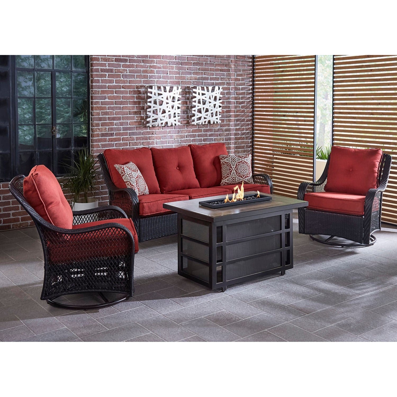 Hanover Fire Pit Chat Set Hanover Orleans 4-Piece Woven Lounge Set with 30,000 BTU Fire Pit Table in Autumn Berry, ORL4PCRECFP-BRY