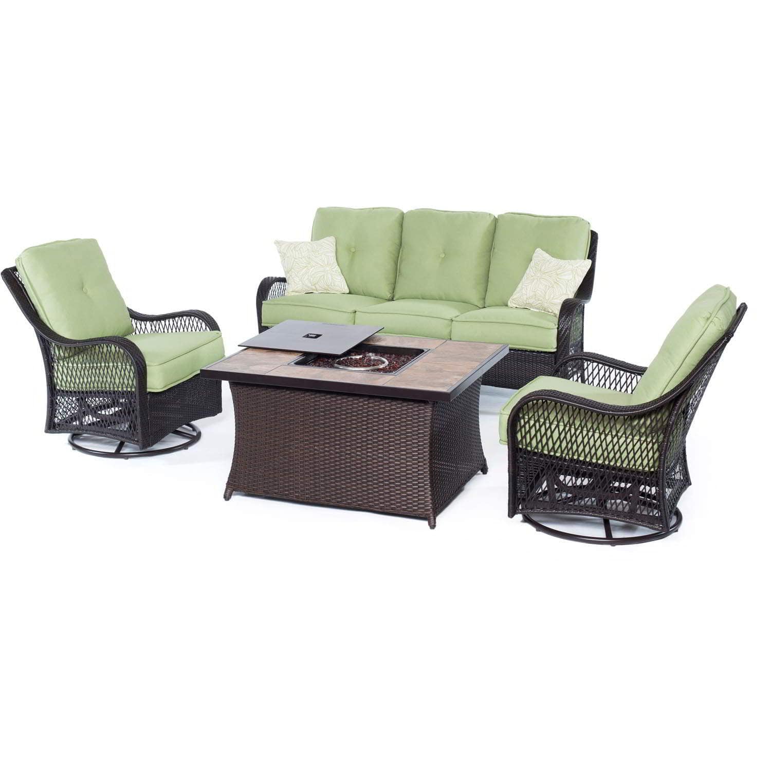 Hanover Fire Pit Chat Set Hanover - Orleans 4-Piece Woven Lounge Set with Fire Pit Table in Avocado Green