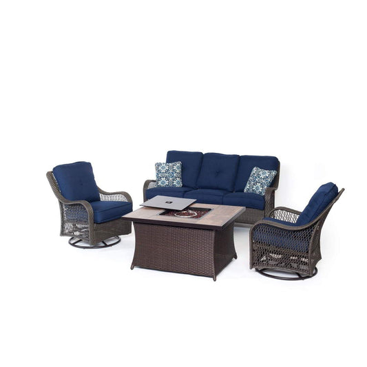 Hanover Fire Pit Chat Set Hanover - Orleans 4-Piece Woven Lounge Set with Fire Pit Table in Navy Blue