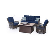 Hanover Fire Pit Chat Set Hanover - Orleans 4-Piece Woven Lounge Set with Fire Pit Table in Navy Blue
