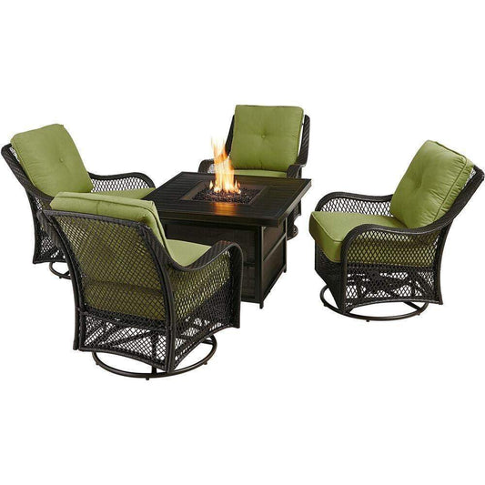 Hanover Fire Pit Chat Set Hanover Orleans 5-Piece Deep Seating Set with 4 Cushioned Swivel Gliders in Green and 38-in. 30,000 BTU Slat-Top Gas Fire Pit Table