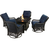 Hanover Fire Pit Chat Set Hanover Orleans 5-Piece Deep Seating Set with 4 Cushioned Swivel Gliders in Navy and 38-in. 30,000 BTU Slat-Top Gas Fire Pit Table