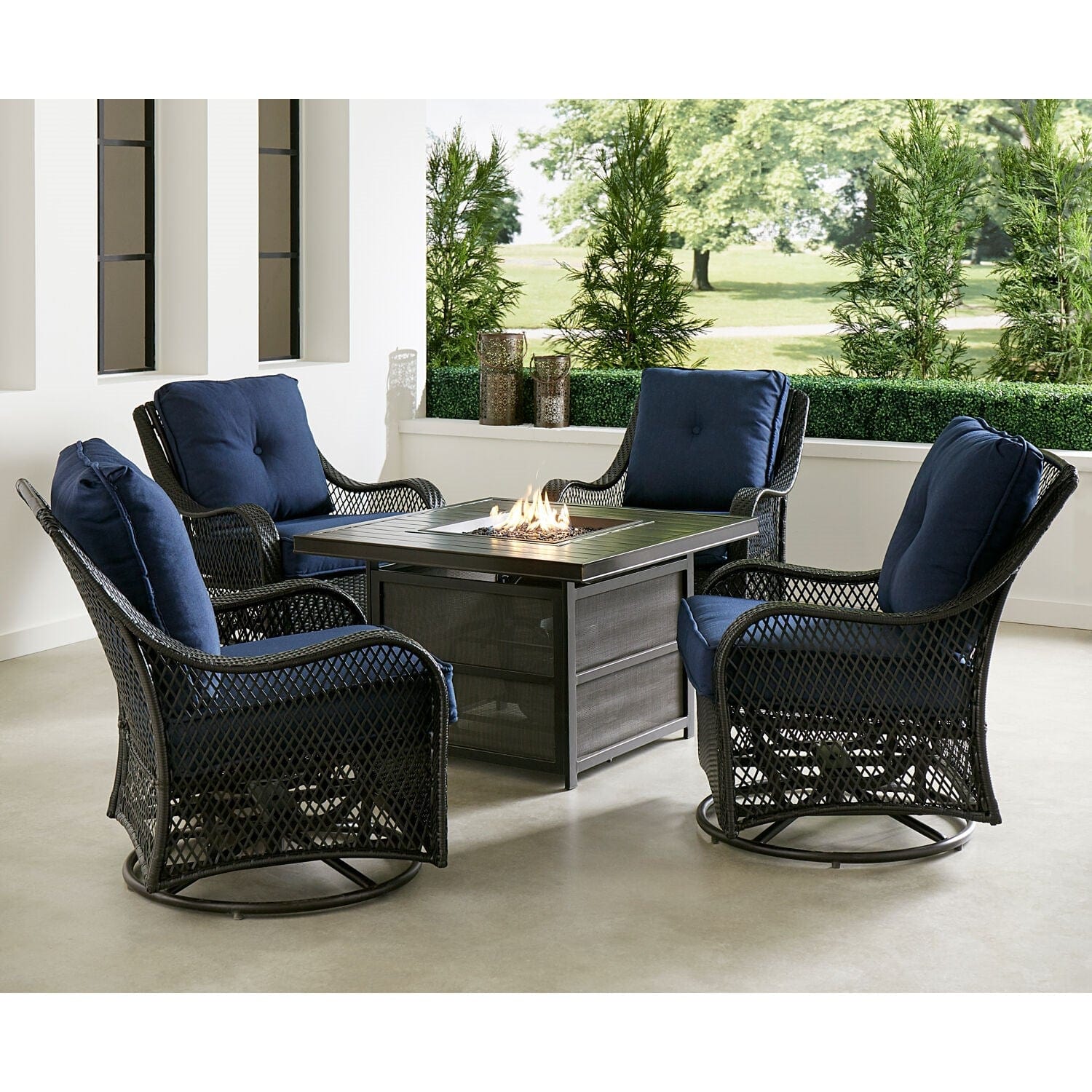 Hanover Fire Pit Chat Set Hanover Orleans 5-Piece Deep Seating Set with 4 Cushioned Swivel Gliders in Navy and 38-in. 30,000 BTU Slat-Top Gas Fire Pit Table