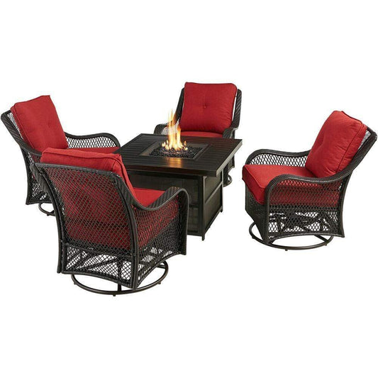 Hanover Fire Pit Chat Set Hanover Orleans 5-Piece Deep Seating Set with Four Cushioned Swivel Gliders in Red and 38-in. 30,000 BTU Slat-Top Gas Fire Pit Table - ORL5PCSLSW4FP-BRY