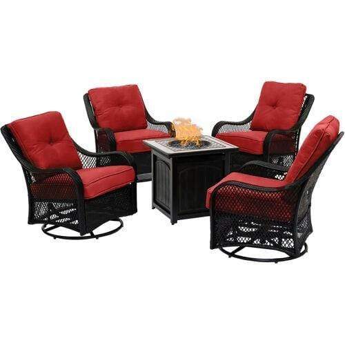 Hanover Fire Pit Chat Set Hanover - Orleans 5-Piece Fire Pit Chat Set in Autumn Berry with 4 Woven Swivel Gliders and a 26-In. Square Fire Pit Table