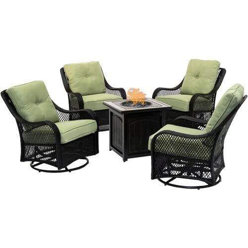 Hanover Fire Pit Chat Set Hanover - Orleans 5-Piece Fire Pit Chat Set in Avocado Green with 4 Woven Swivel Gliders and a 26-In. Square Fire Pit Table