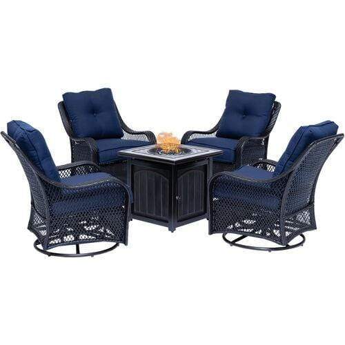 Hanover Fire Pit Chat Set Hanover - Orleans 5-Piece Fire Pit Chat Set in Navy Blue with 4 Woven Swivel Gliders and a 26-In. Square Fire Pit Table