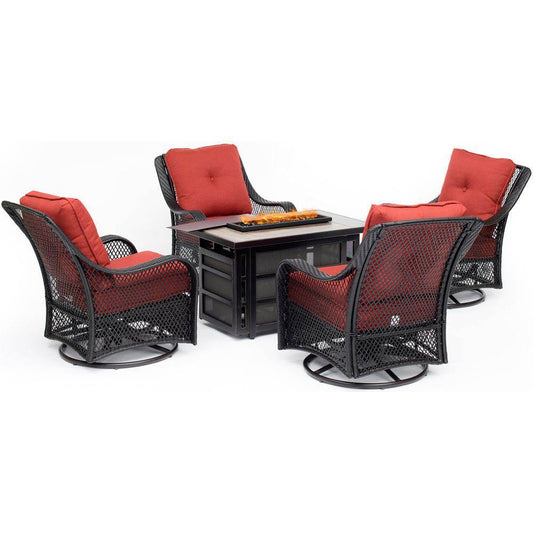 Hanover Fire Pit Chat Set Hanover Orleans 5-Piece Fire Pit Chat Set with a 30,000 BTU Fire Pit Table and 4 Woven Swivel Gliders in Autumn Berry, ORL5PCSW4RECFP-BRY