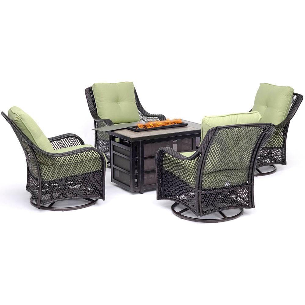 Hanover Fire Pit Chat Set Hanover Orleans 5-Piece Fire Pit Chat Set with a 30,000 BTU Fire Pit Table and 4 Woven Swivel Gliders in Avocado Green, ORL5PCSW4RECFP-GRN