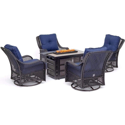 Hanover Fire Pit Chat Set Hanover Orleans 5-Piece Fire Pit Chat Set with a 30,000 BTU Fire Pit Table and 4 Woven Swivel Gliders in Navy Blue, ORL5PCSW4RECFP-NVY