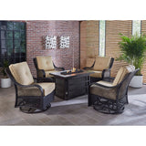 Hanover Fire Pit Chat Set Hanover Orleans 5-Piece Fire Pit Chat Set with a 30,000 BTU Fire Pit Table and 4 Woven Swivel Gliders in Sahara Sand, ORL5PCSW4RECFP-TAN