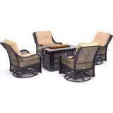 Hanover Fire Pit Chat Set Hanover Orleans 5-Piece Fire Pit Chat Set with a 30,000 BTU Fire Pit Table and 4 Woven Swivel Gliders in Sahara Sand, ORL5PCSW4RECFP-TAN