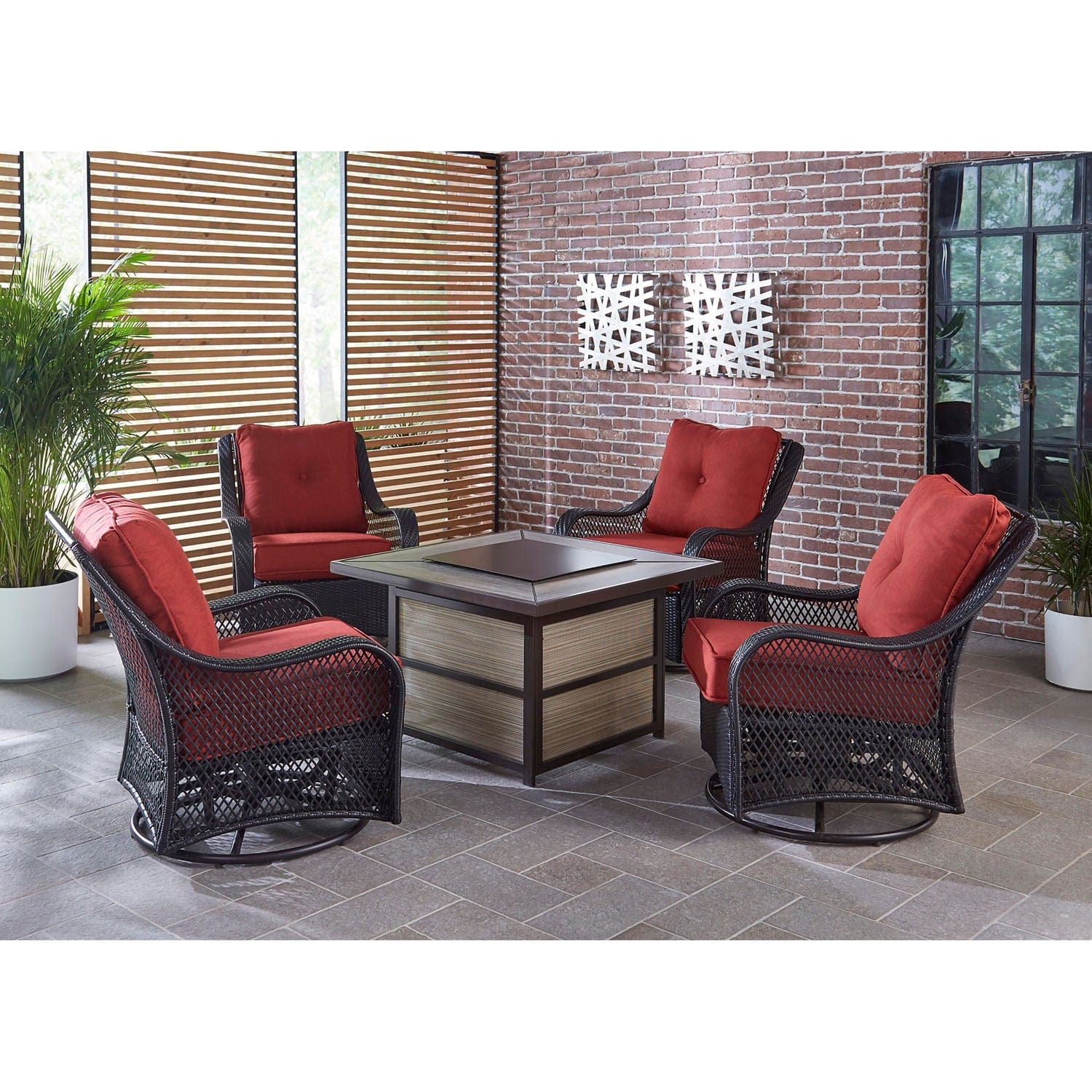 Hanover Fire Pit Chat Set Hanover Orleans 5-Piece Fire Pit Chat Set with a 40,000 BTU Fire Pit Table and 4 Woven Swivel Gliders in Autumn Berry | ORL5PCSW4SQFP-BRY