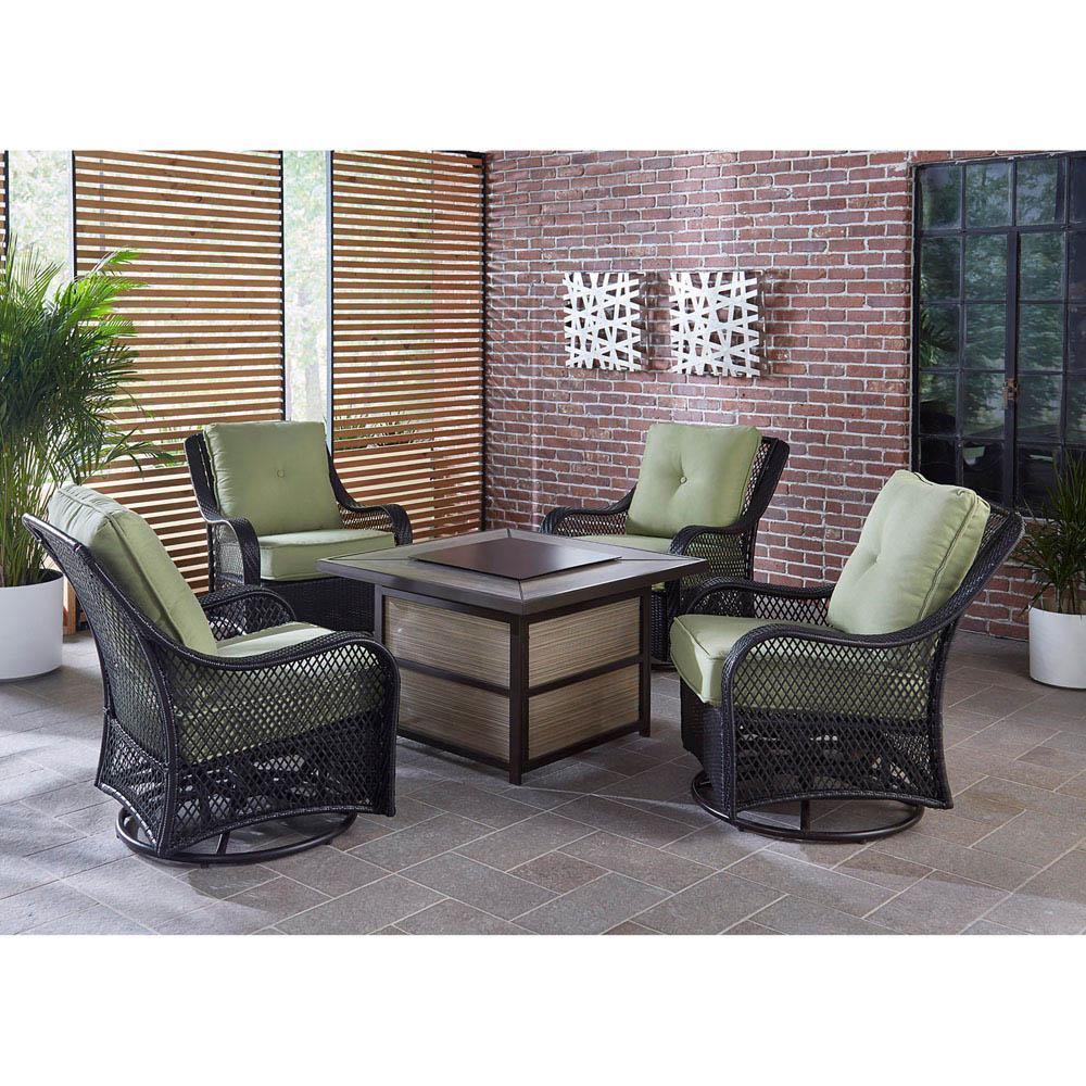 Hanover Fire Pit Chat Set Hanover Orleans 5-Piece Fire Pit Chat Set with a 40,000 BTU Fire Pit Table and 4 Woven Swivel Gliders in Avocado Green