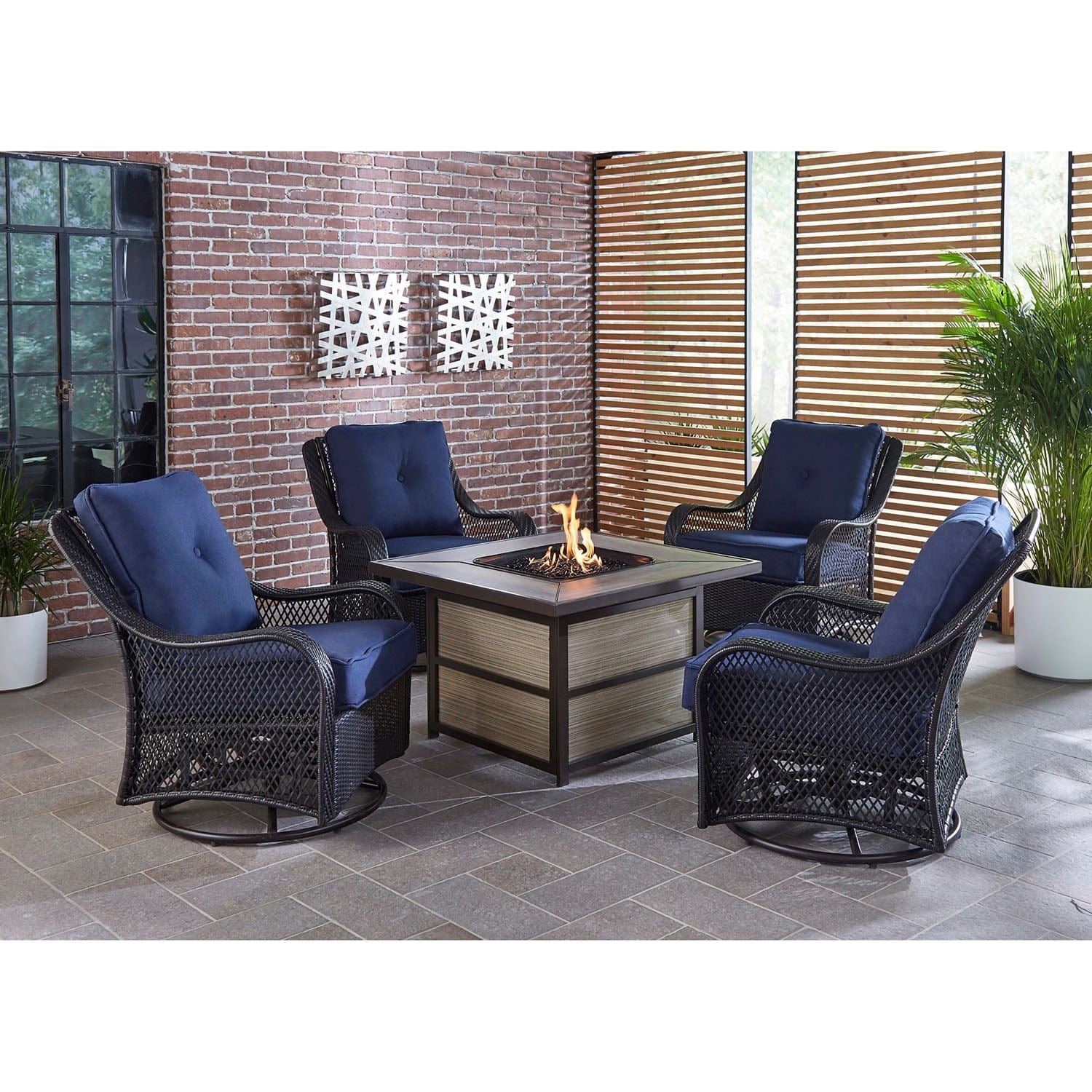Hanover Fire Pit Chat Set Hanover Orleans 5-Piece Fire Pit Chat Set with a 40,000 BTU Fire Pit Table and 4 Woven Swivel Gliders in Navy Blue | ORL5PCSW4SQFP-NVY