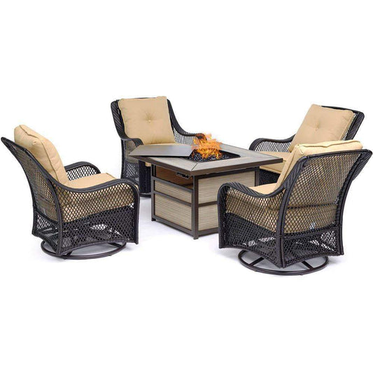 Hanover Fire Pit Chat Set Hanover Orleans 5-Piece Fire Pit Chat Set with a 40,000 BTU Fire Pit Table and 4 Woven Swivel Gliders in Sahara Sand