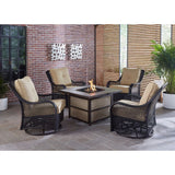 Hanover Fire Pit Chat Set Hanover Orleans 5-Piece Fire Pit Chat Set with a 40,000 BTU Fire Pit Table and 4 Woven Swivel Gliders in Sahara Sand | ORL5PCSW4SQFP-TAN