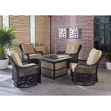 Hanover Fire Pit Chat Set Hanover Orleans 5-Piece Fire Pit Chat Set with a 40,000 BTU Fire Pit Table and 4 Woven Swivel Gliders in Sahara Sand | ORL5PCSW4SQFP-TAN