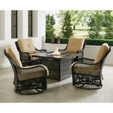 Hanover Fire Pit Chat Set Hanover Orleans 5-Piece Wicker Deep Seating Set with 4 Cushioned Swivel Gliders in Tan and 38-in. 30,000 BTU Slat-Top Gas Fire Pit Table | ORL5PCSLSW4FP-TAN