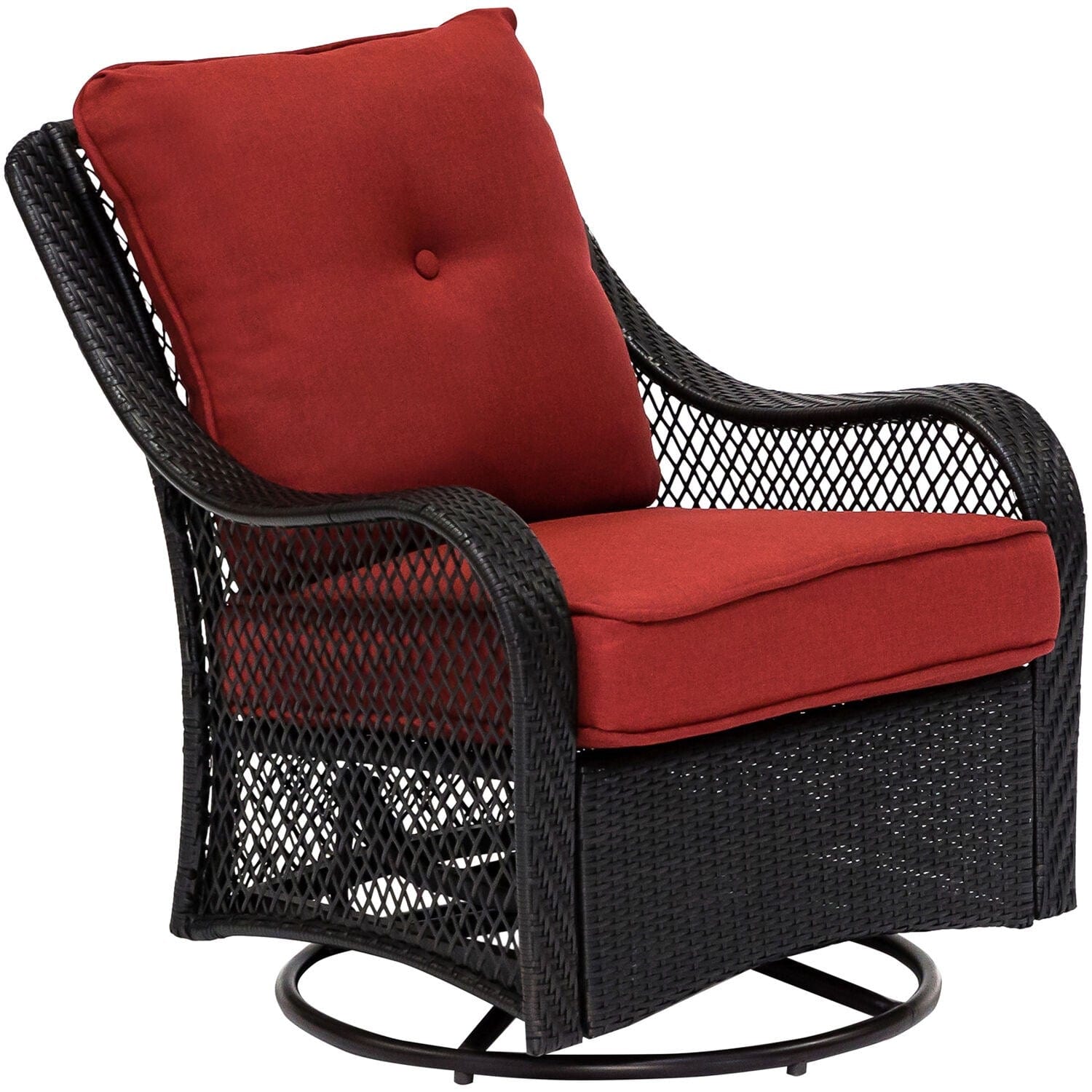 Hanover Fire Pit Chat Set Hanover Orleans 5-Piece Wicker Deep Seating Set with Four Cushioned Swivel Gliders in Red and 38-in. 30,000 BTU Slat-Top Gas Fire Pit Table | ORL5PCSLSW4FP-BRY