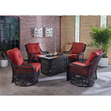 Hanover Fire Pit Chat Set Hanover Orleans 5-Piece Wicker Fire Pit Chat Set with a 30,000 BTU Fire Pit Table and 4 Woven Swivel Gliders in Autumn Berry | ORL5PCSW4RECFP-BRY