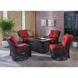 Hanover Fire Pit Chat Set Hanover Orleans 5-Piece Wicker Fire Pit Chat Set with a 30,000 BTU Fire Pit Table and 4 Woven Swivel Gliders in Autumn Berry | ORL5PCSW4RECFP-BRY
