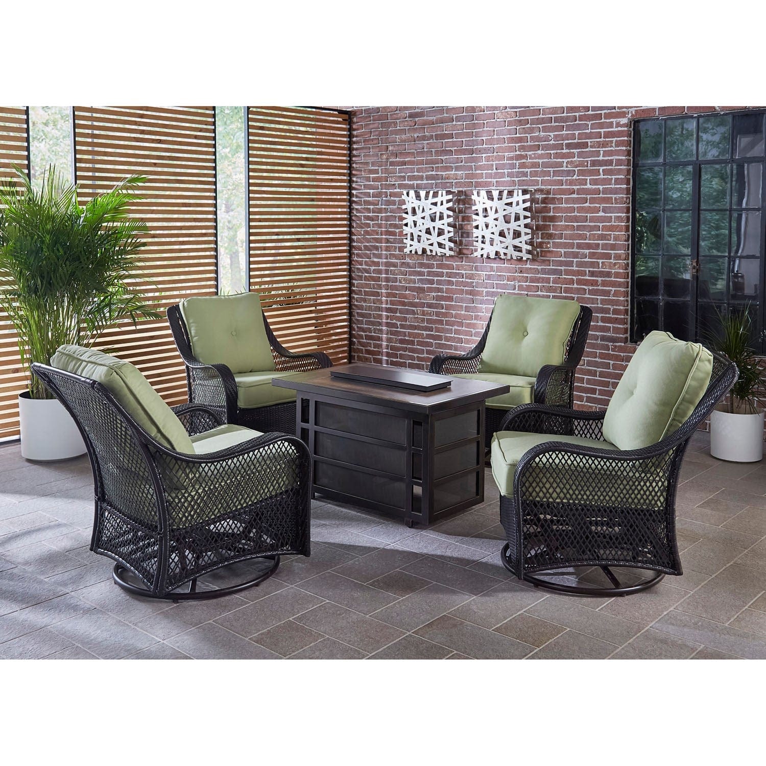Hanover Fire Pit Chat Set Hanover Orleans 5-Piece Wicker Fire Pit Chat Set with a 30,000 BTU Fire Pit Table and 4 Woven Swivel Gliders in Avocado Green | ORL5PCSW4RECFP-GRN
