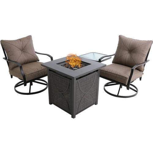 Hanover Fire Pit Chat Set Hanover - Palm Bay 4pc Fire Pit: 2 Swivel Rockers, Glass Side Tbl, Steel Fire Pit