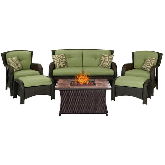 Hanover Fire Pit Chat Set Hanover - Strathmere 6-Piece Lounge Set In Cilantro Green with Fire Pit Table