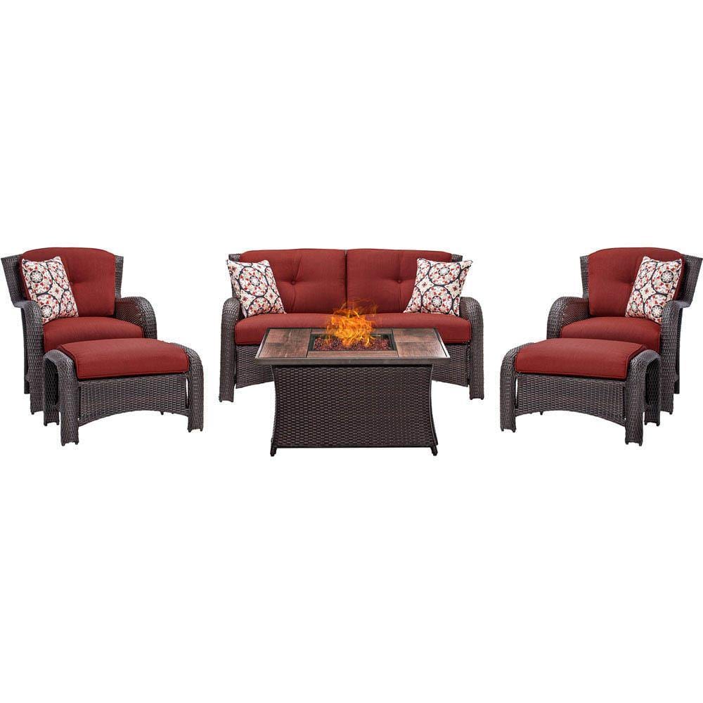 Hanover Fire Pit Chat Set Hanover - Strathmere 6-Piece Lounge Set In Crimson Red with Fire Pit Table