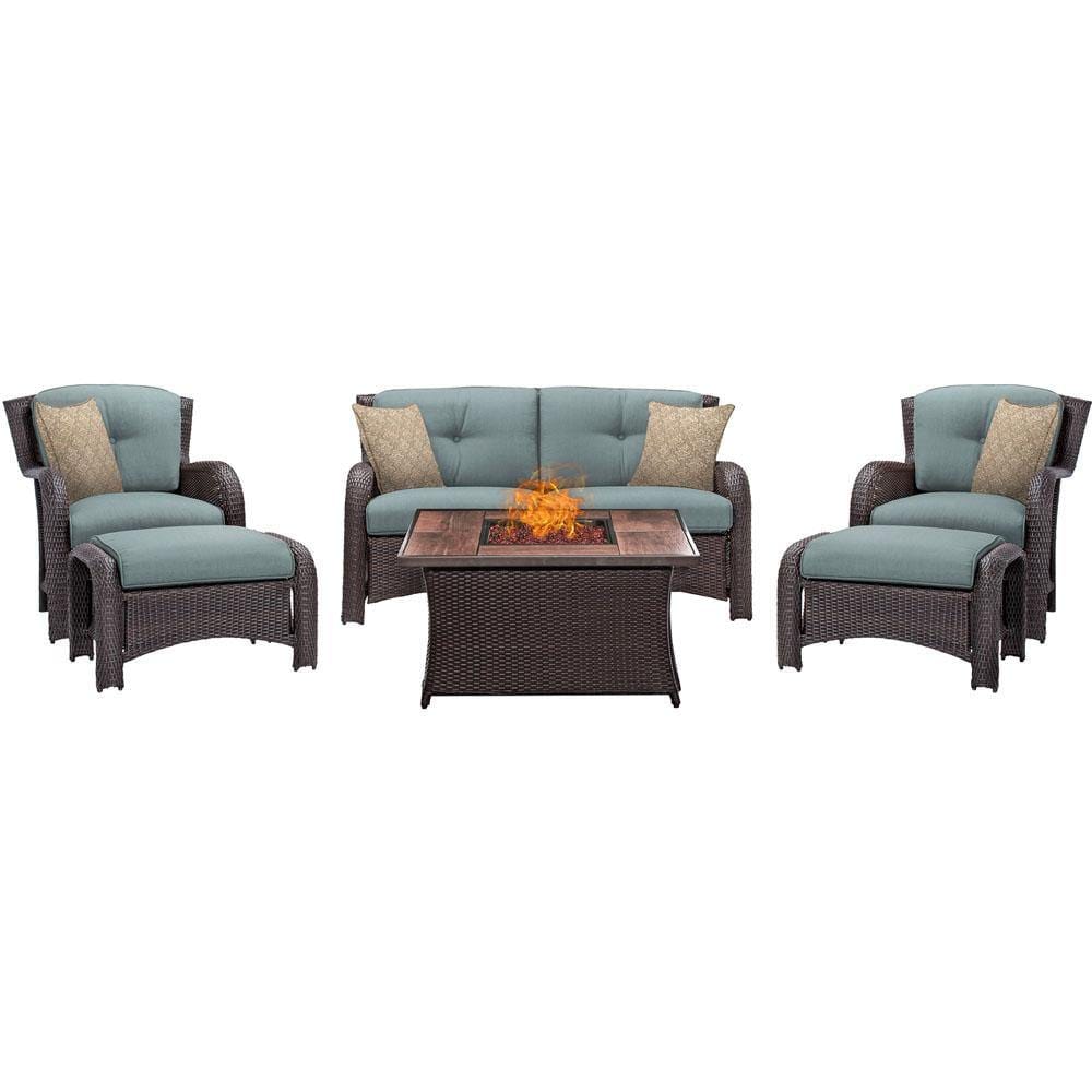 Hanover Fire Pit Chat Set Hanover Strathmere 6-Piece Lounge Set In Ocean Blue with Fire Pit Table