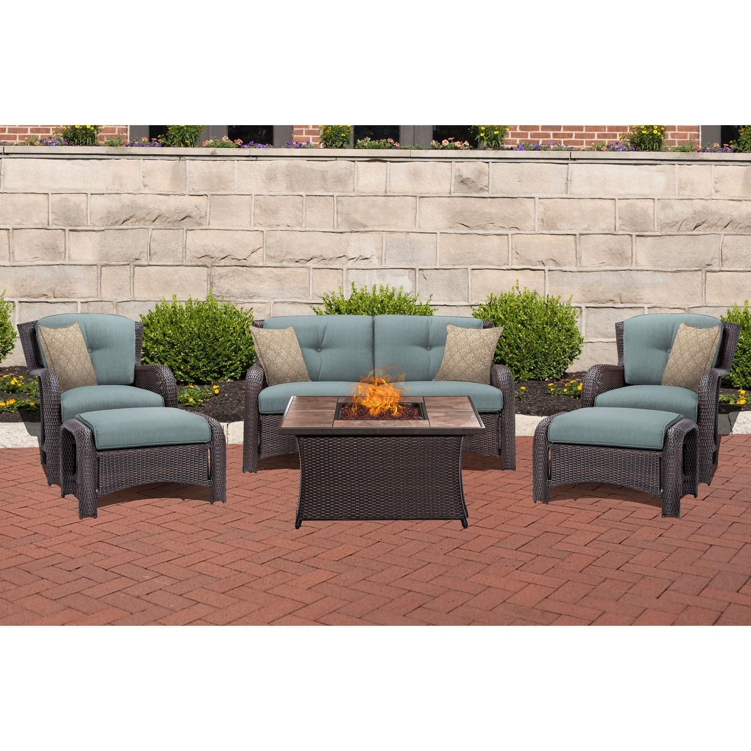 Hanover Fire Pit Chat Set Hanover Strathmere 6-Piece Lounge Set In Ocean Blue with Fire Pit Table | 36x44 | STRATH6PCFP-BLU-TN