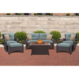 Hanover Fire Pit Chat Set Hanover Strathmere 6-Piece Lounge Set In Ocean Blue with Fire Pit Table | 36x44 | STRATH6PCFP-BLU-WG